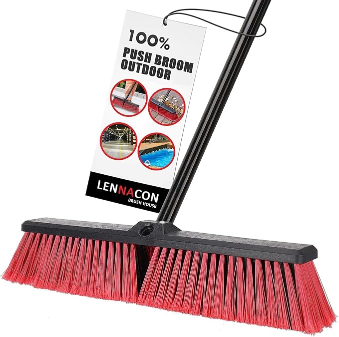 18" Push Broom Outdoor Heavy Duty, Snow Broom with Long Handle, Shop Broom Garage Push Broom for Garden, Patio, Garage, Bathroom, Kitchen, Tub, Carpet, Tile, Deck, Concrete, Industrial (RED)