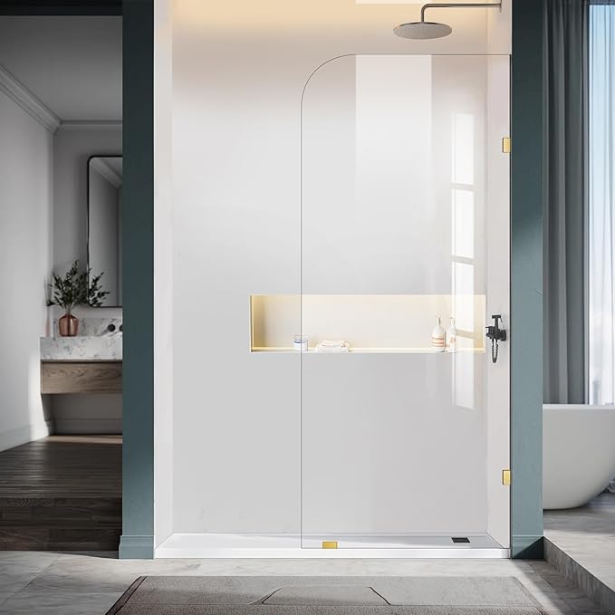 30" W ×78" H Shower Glass Panel, Frameless Fixed Glass Shower Panel with Clamps, 3/8"(10mm) Thick Clear Tempered Glass Shower Door, Bathroom Shower Screen in Brushed Gold