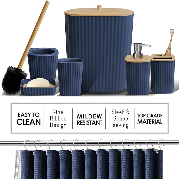 Clara Clark Bathroom Accessories Set - 27PC Bathroom Set with Adhesive Corner Shower Caddy Hanging, Bathroom Sets with Shower Curtain and Rugs, Ombre Navy Shower Curtain Set with Bathroom Trash Can