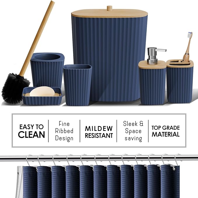 Clara Clark Bathroom Accessories Set - Bathroom Set, Bathroom Sets with Shower Curtain and Rugs, Shower Curtain Set with Bathroom Trash Can - Navy - 22PC