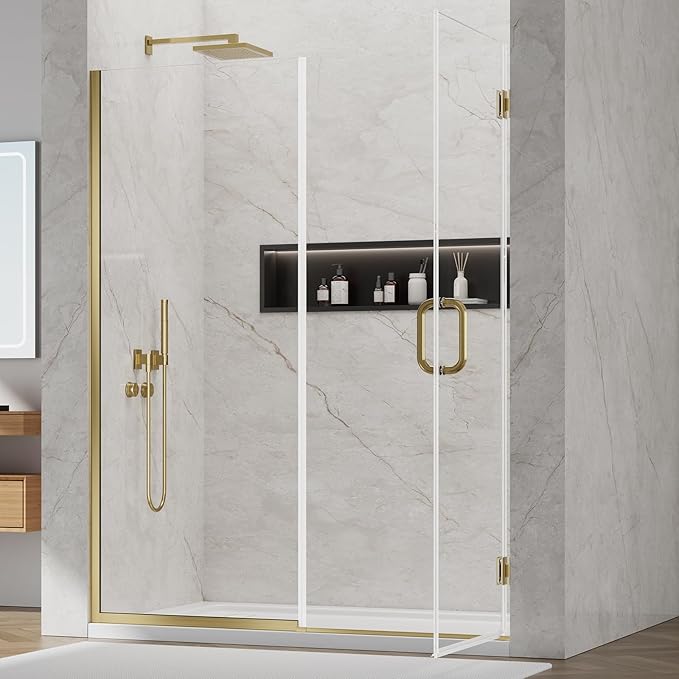 Pivot Shower Door, Adjustable Width 58.5-60" W x 76" H Hinged Shower Glass Door with 3/8" (10mm) Clear SGCC Tempered Glass with Nano Easy-Clean Coating, L01 Brushed Gold