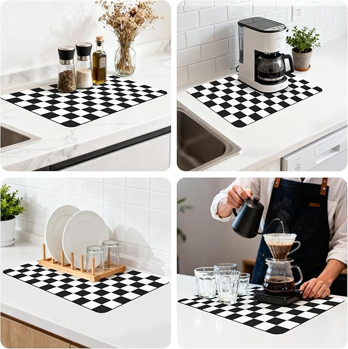16" x 24" Checkered Dish Drying Mat for Kitchen Counter, Absorbent Coffee Bar Mat for Espresso Machine Coffee Countertops Accessories (Black)