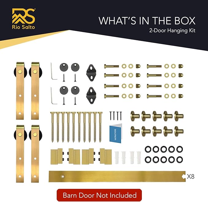 Rio Salto Gold Barn Door Hardware Kit Adjustable Length Sliding Hardware Modern Barn Interior Brushed Brass Panel Hardware Hardware Kit, (2) 6ft Single Door - NO Door