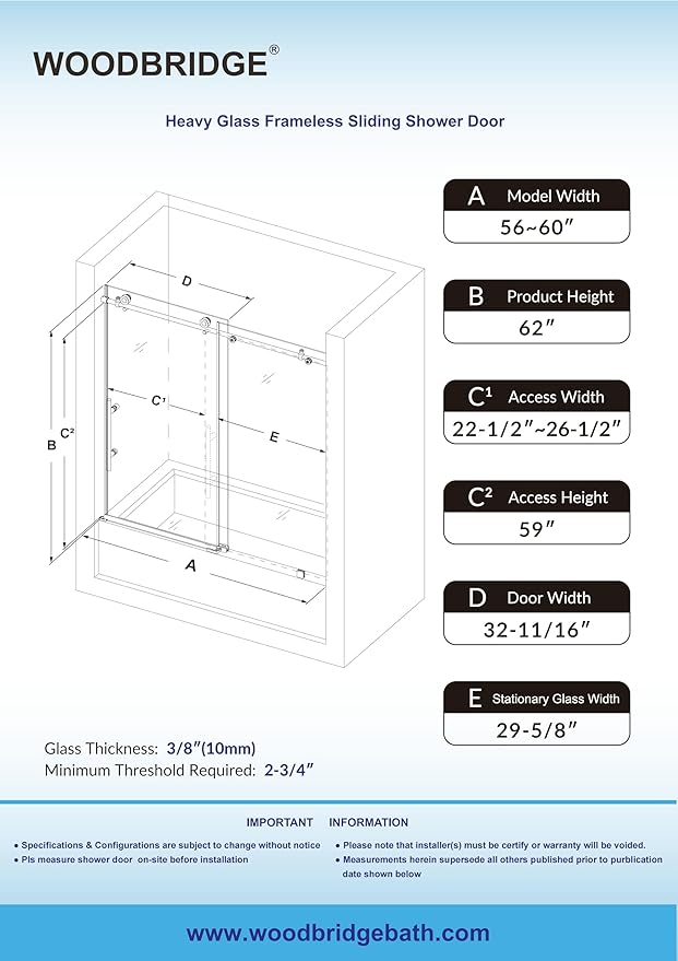 Woodbridge Frameless Bathtub Shower Doors 56-60" Width x 62" Height with 3/8"(10mm) Clear Tempered Glass in Matte Black Finish