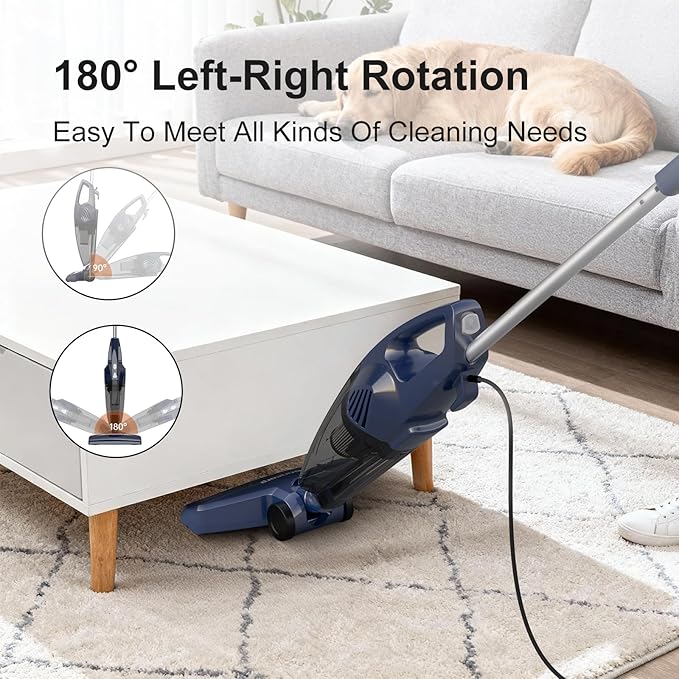 Corded Stick Vacuum for Pet Hair & Hard Floors - Lightweight, 3-in-1 Handheld with 180°Left-Right Steering, 14KPA Powerful Suction on Low-Pile Carpet, HEPA Filter, 16.4ft Cord, 0.7L Capacity (VA001)