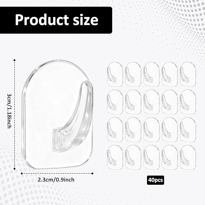 cobee 40 Pcs Clear Adhesive Wall Hooks for Hanging, Removable Seamless Hooks Reusable Sticky Utility Hook with Non Marking Sticker Plastic Acrylic Sticky Hangers for Office Home Kitchen Bathroom