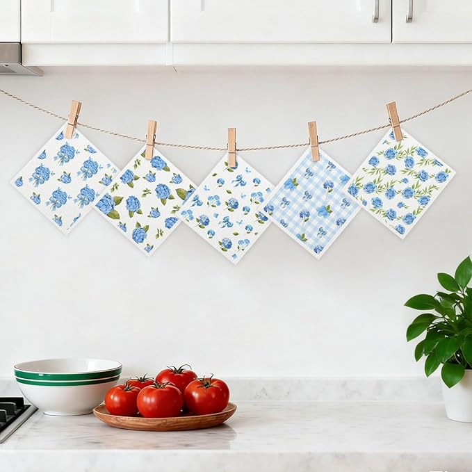 5 Pack Mixed Watercolor Hydrangea Kitchen Dishcloths Dish Towels, Blue Hydrangea Dish Towels for Kitchen, Swedish Dishcloth, Paper Towels Reusable, Dish Cloth Towel Cleaning Wipe for Home Party