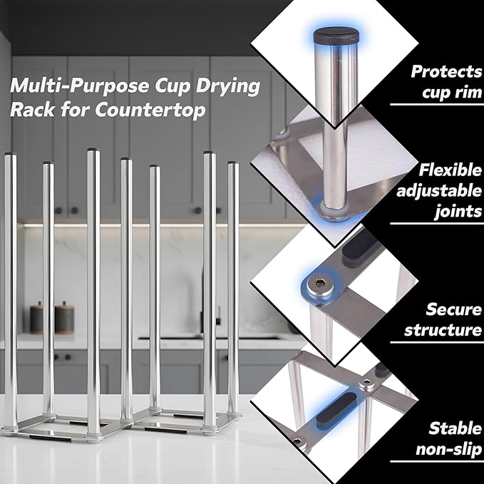 Water Bottle Drying Rack, Cup Drying Rack for Counter, Stainless Steel Tumbler Dryer Stand, Space-Saving Mug & Glass Drying Rack, Heavy-Duty Holder for Cups & Water Bottles (Silver – 7 Pegs)
