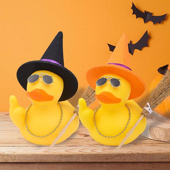 Halloween 3.15" Fun Rubber Duck Witch Duck Car Dashboard Decorations Halloween Witch Hat Broom Sunglasses Necklace for Car Home for Office Accessories