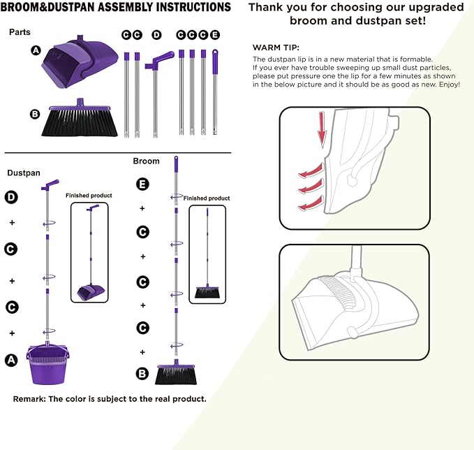 Purple Broom with Dustpan Combo Set, 51" Long Handle Household Kit for Home for Pet Hair