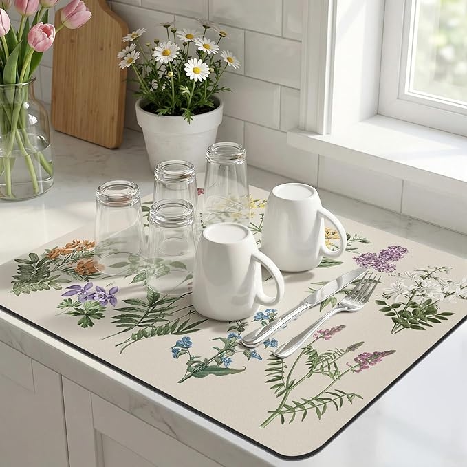 LOKHOM Dish Drying Mat for Kitchen Counter, 16"x18" Absorbent Coffee Bar Mat with Vintage Sage Flower Herbs, Dish Drainer Rack Mat for Kitchen Counter