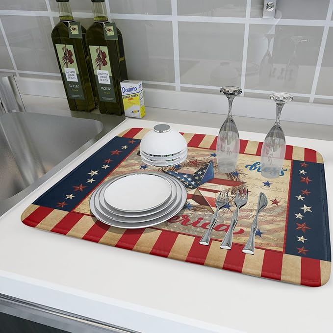 4th of July God Bless Dish Drying Mat for Kitchen Counter,American Flag Star Patriotic Independence Day Drying Mat 18 x 24 Inch with Absorbent Reversible Microfiber Drying Pad for Coffee Bar