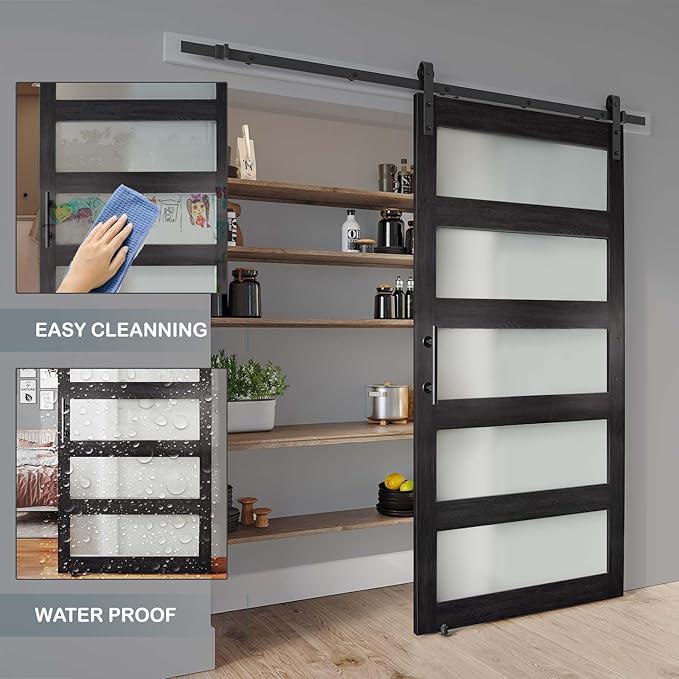 42'' x 84'' Glass Barn Door and 7 Ft Hardware Kit Included, MDF White Barn Door Slab with Frosted Glass, PVC Surface, Combined with Handle and Floor Guide-Assembly Required, Dark Grey