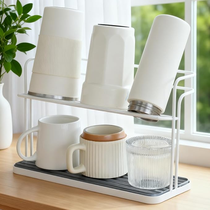 Bottle Drying Rack,Coffee Mug Holder with Drain Tray for Coffee Cup,Water Cup(White)