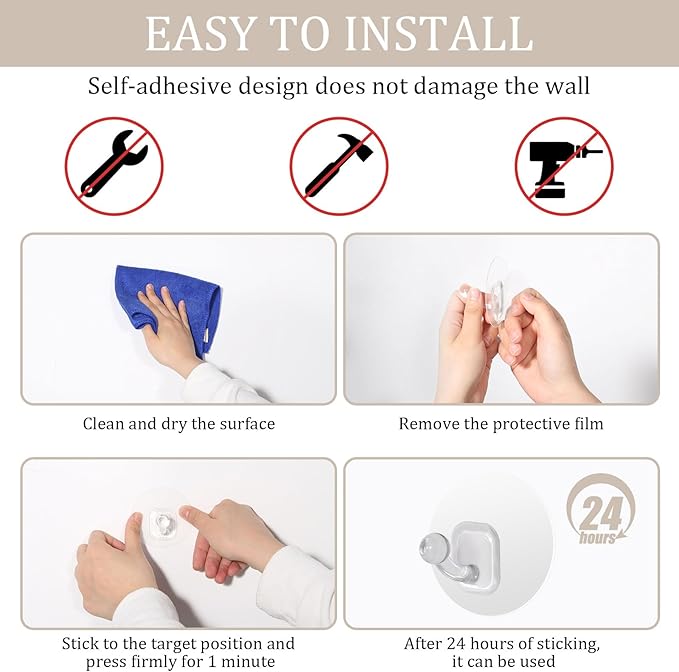 Uten Adhesive Hooks for Hanging 10 Pack, Heavy Duty Wall Hooks 11 lbs, Self Adhesive Waterproof Sticky Robe Towel Transparent Hooks for Home, Bathroom, Kitchen, Outdoor