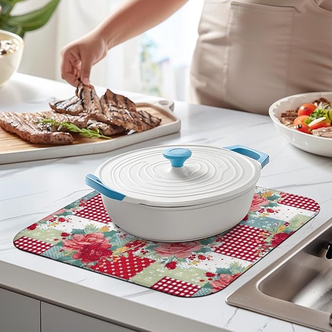 Dish Drying Mat Drainer Pads - Extra Large Microfiber Drying Mats for Dishes Kitchen Counter Super Absorbent Pads for Draining Racks (Red,18"x24" )