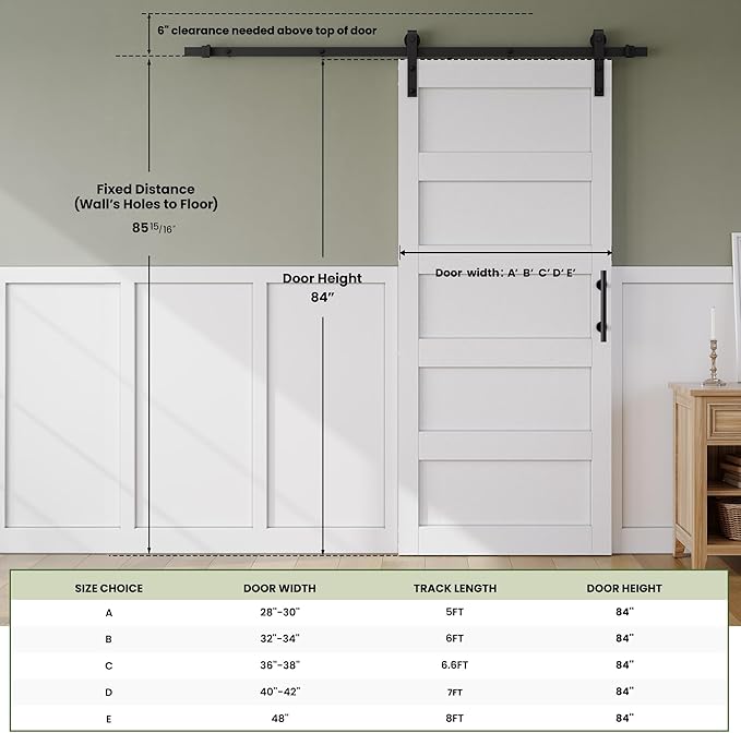 SmartStandard 42in x 84in Sliding Barn Door with 7FT Barn Door Hardware Track Kit & Handle, Waterproof PVC Surface, Pre-Drilled Holes Easy to Assemble, Solid, MDF, White, 5-Panel
