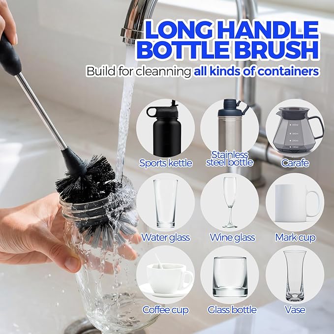 Holikme 4Pack Bottle Brush Set, 14" Long Handle Stainless Steel Bottle Brush, Straw Brushes, Cup Cleaner Brush, 3-in-1 Bottle Cleaning Brush for Water Bottle, Antistatic Lab Brushes, Straws Black