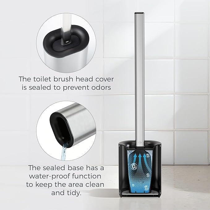 Silicone Toilet Brush Holder Set,TPR Toilet Bowl Brush with Long Stainless Steel Handle and Flexible Bristles,Deep Cleaning & No-Scratch Toilet Scrubber, Sleek Toilet Brush with Weighted Base (2, SS)