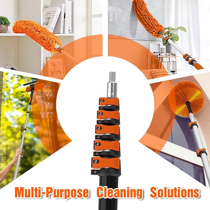 26FT High Ceiling Duster Kits with 5-20FT Telescoping Extension Pole - Fan Blade Cleaner, Cobweb Remover & Window Cleaning Kit, Washable Dust Brush for High Roof and Glass Surfaces