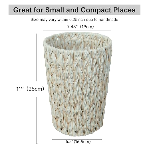 Wicker Trash Can,Bathroom Trash Can,Wicker Waste Basket for Bathroom,Decorative Boho Small Waste Basket for Bedroom,Office,Cream White 2 Gallon
