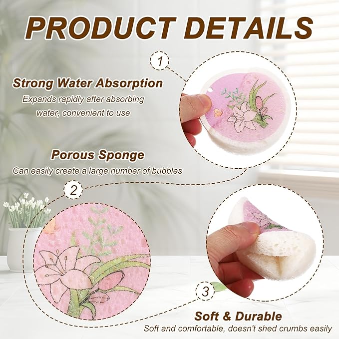 uxcell 6Pcs Cellulose Sponges, Round Kitchen Clean Sponges Non-Scratch Compressed Dish Scrubber with Floral Pattern for Kitchen Household Cookware Bathroom Cleaning & DIY, Pink