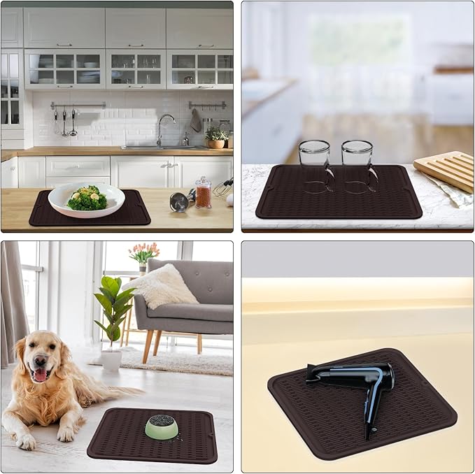 ZLR Silicone Dish Drying Mat 12" x 12" Square - Small Heat Resistant Trivet & Countertop Protector for Air Fryer, Coffee Maker - Waterproof Kitchen Drain Pad for Cups, Fruit (Coffee)