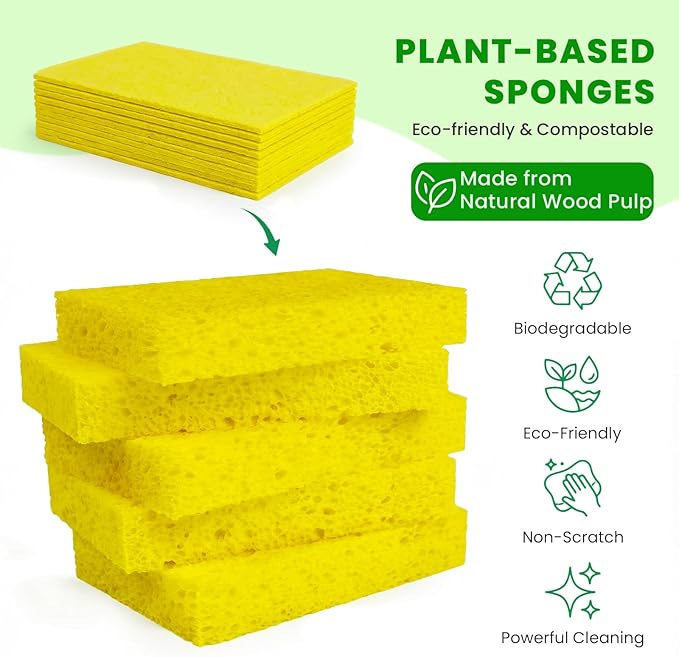 Kitchen Sponges, 24 Count, Non-Scratch Compressed Natural Cellulose Sponges for Dishes, Biodegradable & Compostable, Pop-up for Easy Storage, DIY Crafts and Cleaning