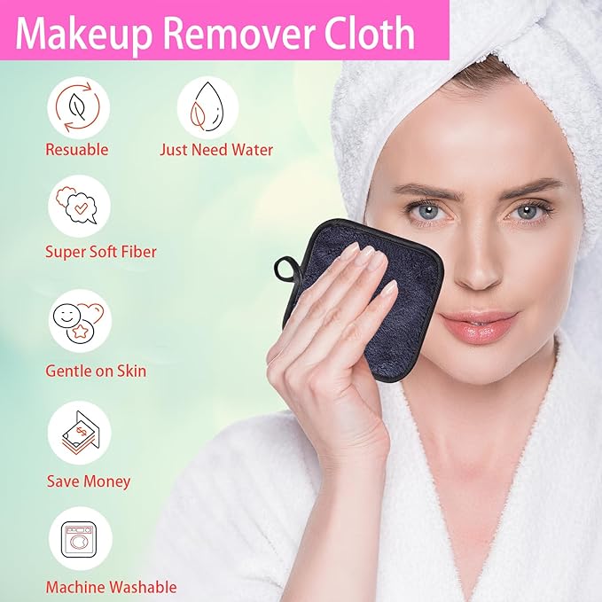 Makeup Remover Cloths for Face, Eye, Lips - Reusable Face Cleansing Cloth Microfiber Makeup Remover Pads 5 x 5 inch 12 Pack (Black)
