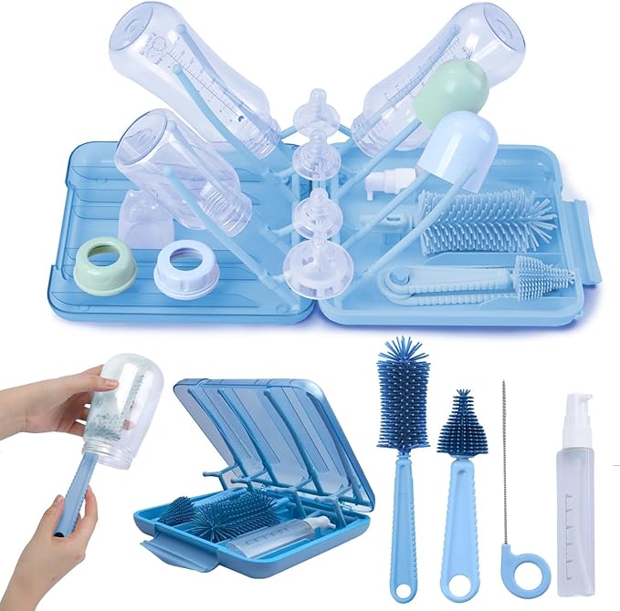 Bottle Brush Set Cleaner Silicone Brushes - Premium Food-Grade Silicone - Travel Friendly Portable Baby Bottle Cleaner Kit (Blue, Classic Style)