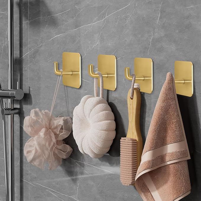 Adhesive Hooks for Bathrooms, 4 Piece Towel Hooks for Hanging Hat Robe Coat, Stick on Hooks for Kitchens, Strong Self-Adhesive No Damage Waterproof Stainless Steel Sticky Hook (Gold)