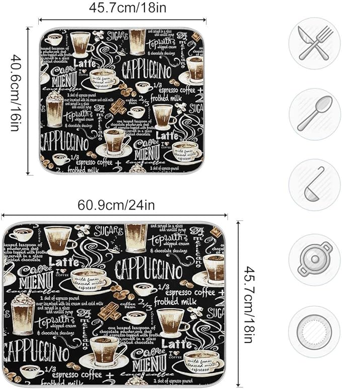 Coffee Black Dish Drying Mat for Kitchen Coffee Beans Maker Cappuccino Latte Chocolate Microfiber Drying Mats Absorbent Reversible Dish Pad Large Dish Draining Mat 18x24 inch
