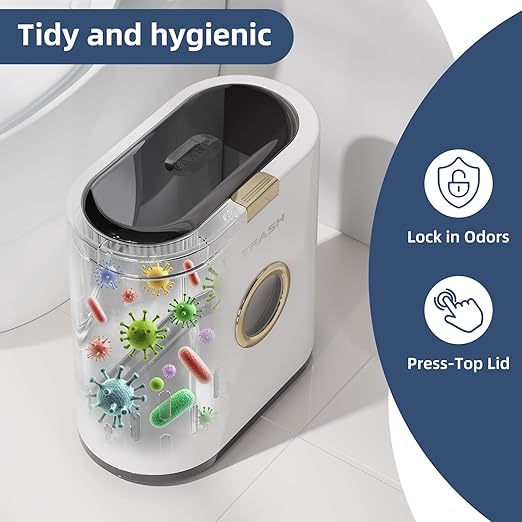 Bathroom Small Trash can with lid, 3.4 gallon/13 Liter Ultra-Thin Plastic Trash can, Press flip lid Sealed, Suitable for Kitchen, Bedroom, Office, Laundry Room, Toilet, RV (White)