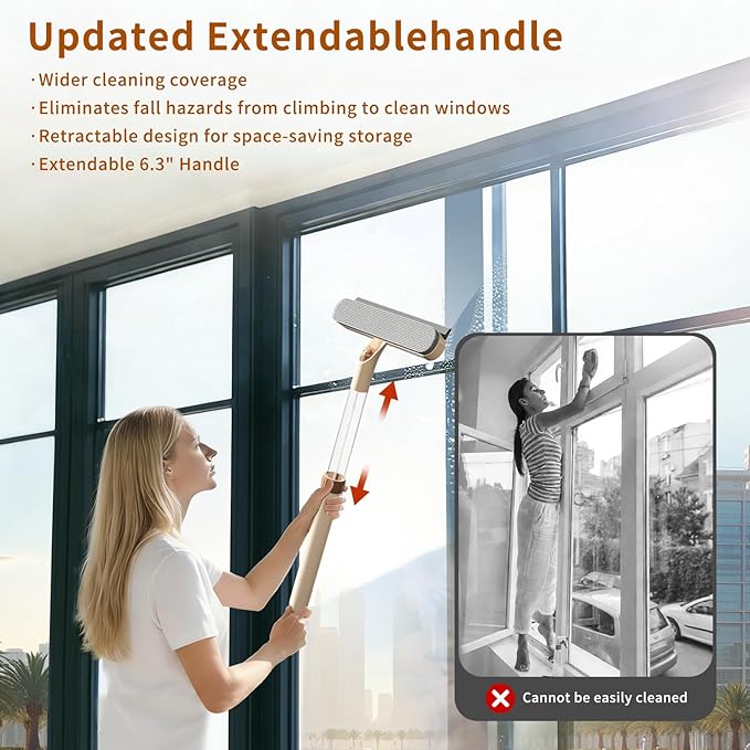 5-in-1 Extendable Window Squeegee with Spray, All-Purpose Window Cleaner Tool with Sprayer, Sponges, Silicon Blade & Gap Brush for Indoor/Outdoor Glass, Shower Door, Car Windshield, Mirror