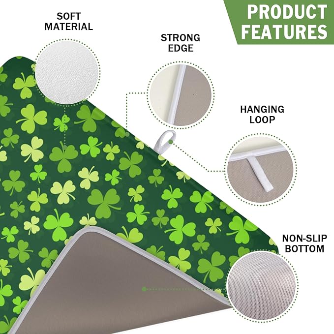 St. Patrick's Day Dish Drying Mat for Kitchen Counter,Irish Green Shamrocks Clover Leaves Drying Mat 16 x 18 Inch with Absorbent Reversible Microfiber Dish Drying Pad for Coffee Bar