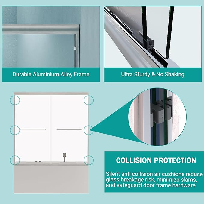 56"-60" Adjustable Width Double Sliding Shower Door - Semi-Frameless Bathtub Enclosure with Tempered Glass, Brushed Nickel Aluminum Frame, Easy DIY Installation for Standard Tubs