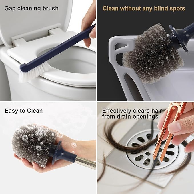 Toilet Bowl Brush and Holder 2 Pack Long Handled Toilet Brush Set for Bathroom with Gap Cleaning Brush and Clip deep Cleaning Wall-Mounted Household 3-in-1 Cleaning Brush Set （Blue）