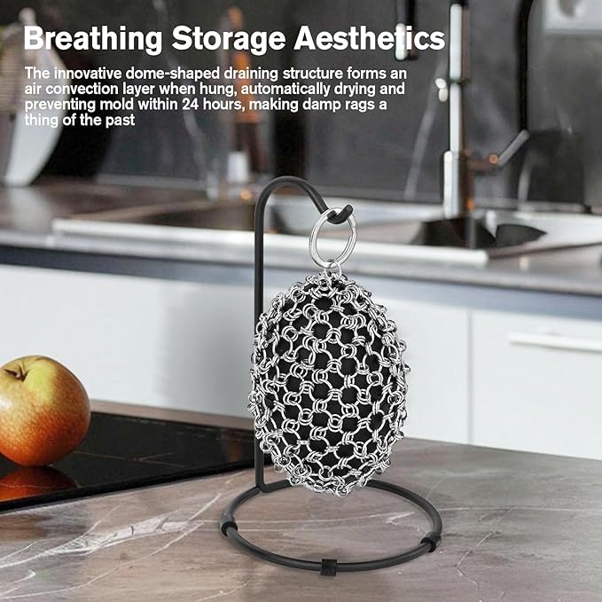 Cast Iron Scrubber & Scraper Set with Hook - Ergonomic 316 Chainmail Scrubber for Cast Iron Skillets, Dutch Oven, Baking Sheet, Crock Pot, Grills & More - Black Double Ring