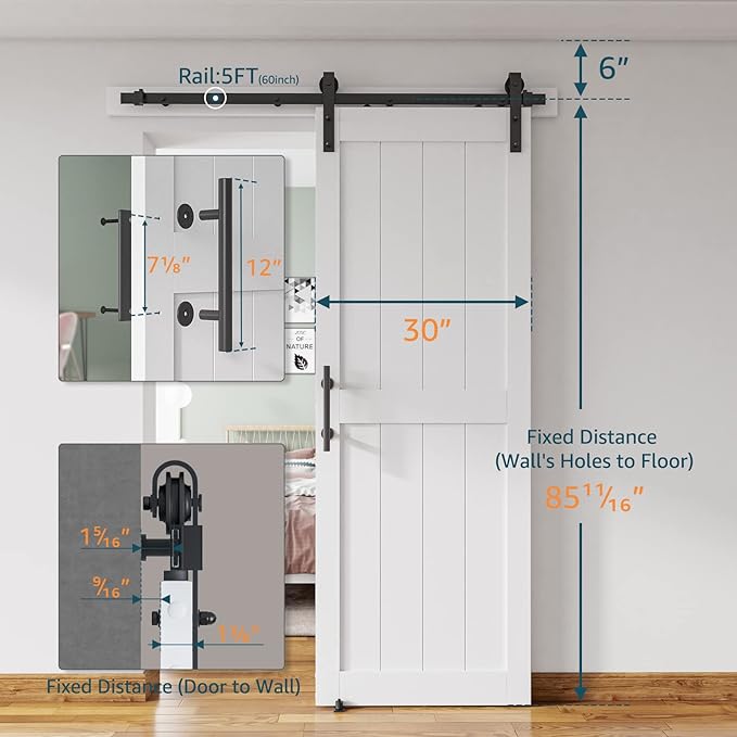 30''x84'' Sliding Barn Door with 5 Ft Barn Door Hardware Kit& Handle& Floor Guides,Pre-Drilled Holes Easy Assembly - Include Installation Manual, Water-Proof PVC Surface, H-Frame, White