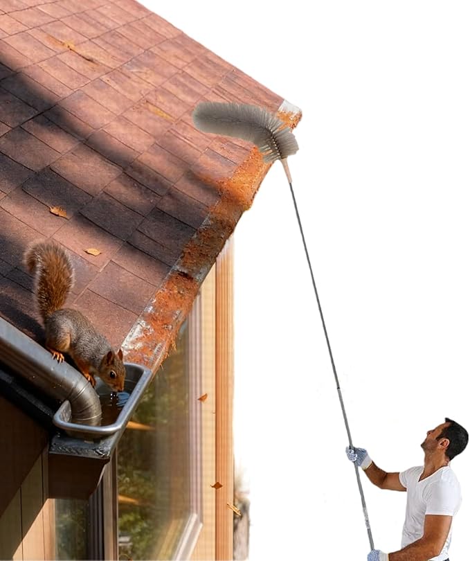 8FT Long Gutter Guard Cleaner, 2 in 1 Cobweb Duster with Extension Pole,Medium Stiff Bristles Ceiling Fan Brush,Good to Remove Leaves Off the Roof/Gutter Guard, Spider Webs Under the Eave/Rafter, Gray