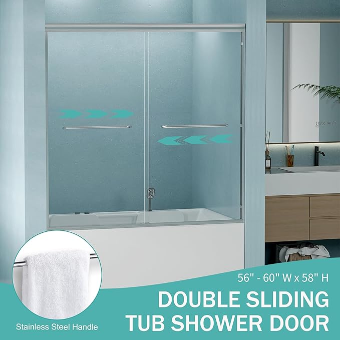 56"-60" Adjustable Width Double Sliding Shower Door - Semi-Frameless Bathtub Enclosure with Tempered Glass, Brushed Nickel Aluminum Frame, Easy DIY Installation for Standard Tubs