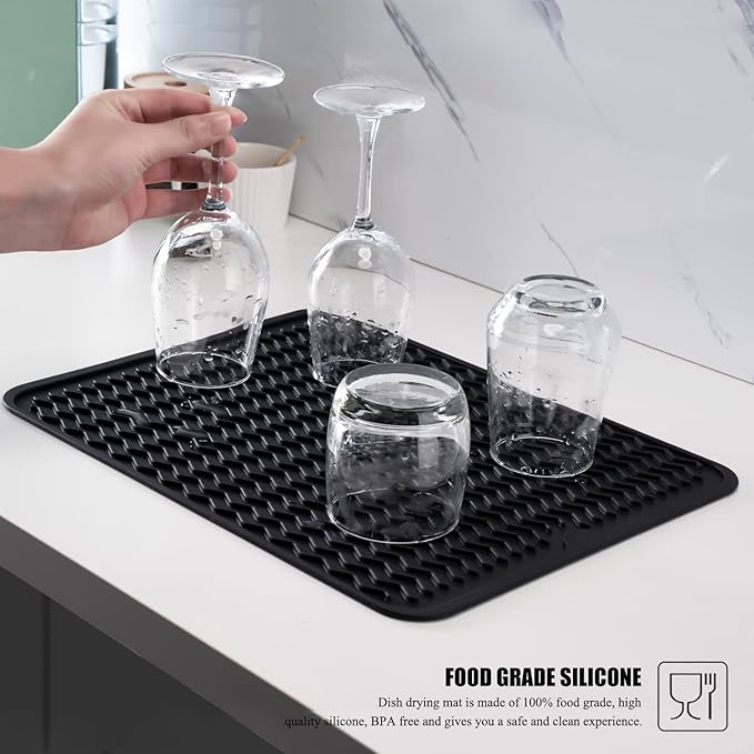 Silicone Dish Drying Mat, Non-Slip Easy Clean Sink Mat Large Heat-resistant Dish Drainer Mat for Kitchen Counter, Sink, Refrigerator or Drawer liner (18" x 16", BLACK)