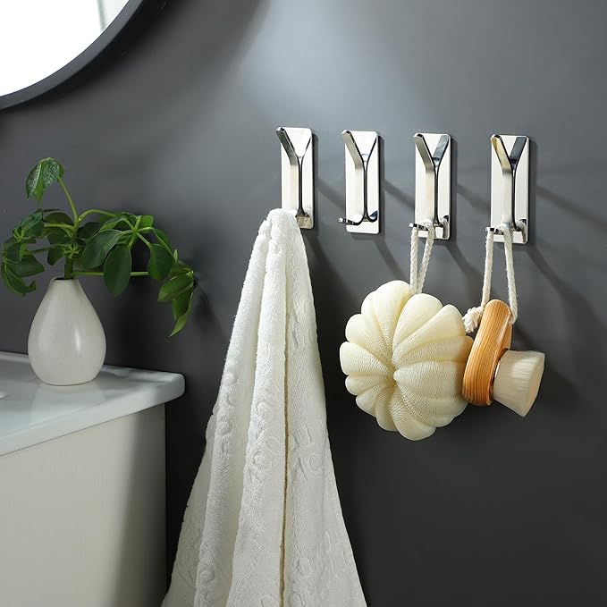 Taozun Polished Silver Towel Hooks 4pcs Stainless Steel Adhesive Hanging Hooks for Bathroom Stick on Wall Hooks for Home, Office, Kitchen