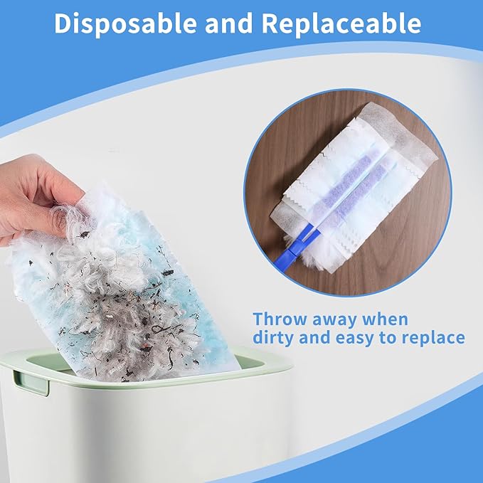 60 Pcs Blue Duster Refills Static Dust Removal Brush Disposable Replacement Head with 1 Handle for Electronics, Furniture, Blinds, Ceiling Fans