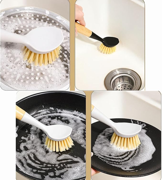 2 Pack Kitchen Dish Brush Grill Brush+Reusable Rubber Gloves,Kitchen Cleaning Sets,Long Dish Scrubber Built-in Scraper,Scrub Brushes for Pans Pots Sink,Range Hood (White&Black) Pre-Christmas Clean