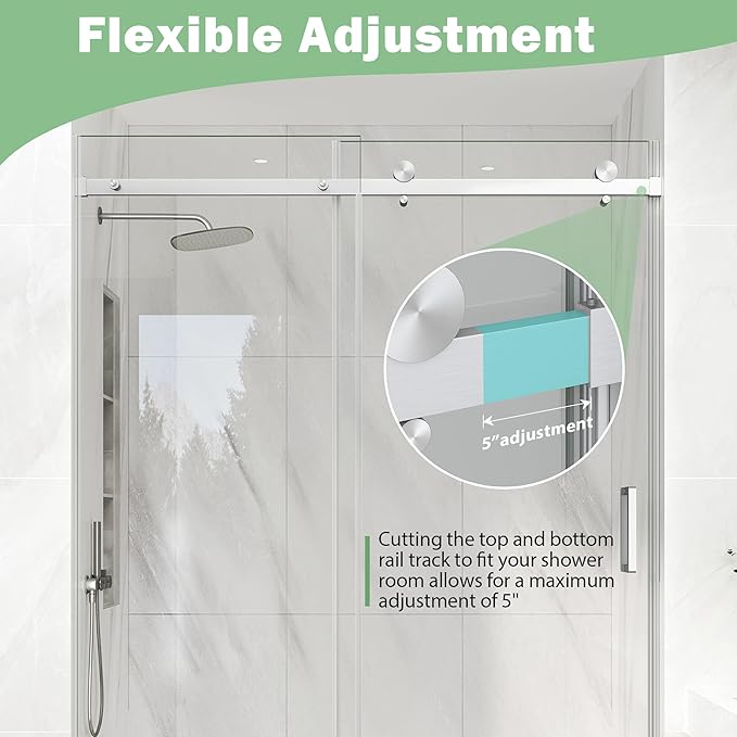 KPUY Frameless Shower Door, 55-60" W x 76" H Sliding Glass Shower Door, 1/4" (6mm) Thick Tempered Clear Glass with Explosion-Proof Film Nano Coating, Brushed Nickle
