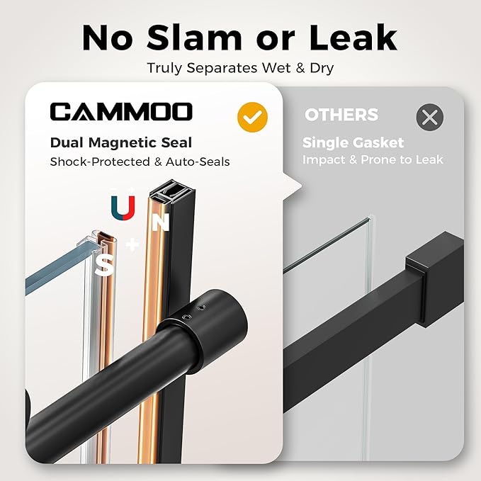 56-60" W x 75" H Frameless Shower Door, Magnetic Sliding Glass Shower Door, 5/16"(8mm) Thick Tempered Glass, Leak-Proof Seals, Stainless Steel Hardware, Easy-Clean Nano Coating, Matte Black