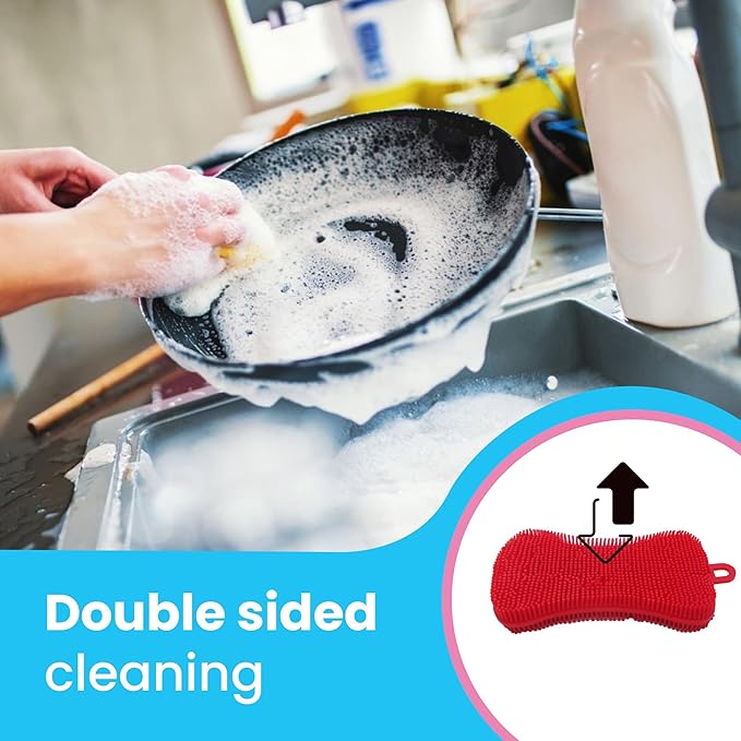 Silicone Dish Sponge - Dishwashing Kitchen Scrubber - Double Sided Sponge Brush - Multipurpose & Reusable Silicone Dish Sponges for Dishes, Fruits & Vegetables Cleaning - Pink (3 Pack)