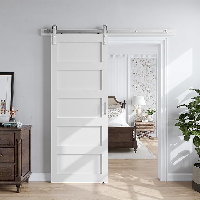 SmartStandard 30x84 inch White Barn Door with 5FT Brushed Nickel Sliding Door Hardware Track Kit Included, Solid MDF Slab, Waterproof PVC Surface, 5-Panel, Suitable for Openings up to 28in x 82in