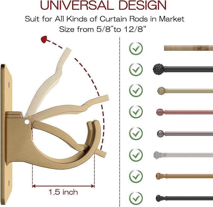 2 Pieces Self Adhesive Curtain Rod Bracket, Universal Plastic Curtain Rod Holders, No Drill Curtain Rod Brackets Curtain Rod Hooks for Bathroom, Bedroom, Livingroom(Gold)